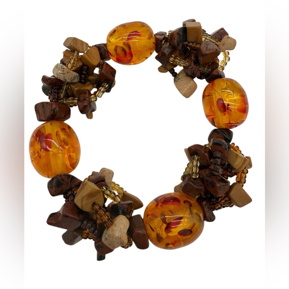 Baltic Amber, Stone, and Seed Beaded Bracelet - Stretch Size 6”